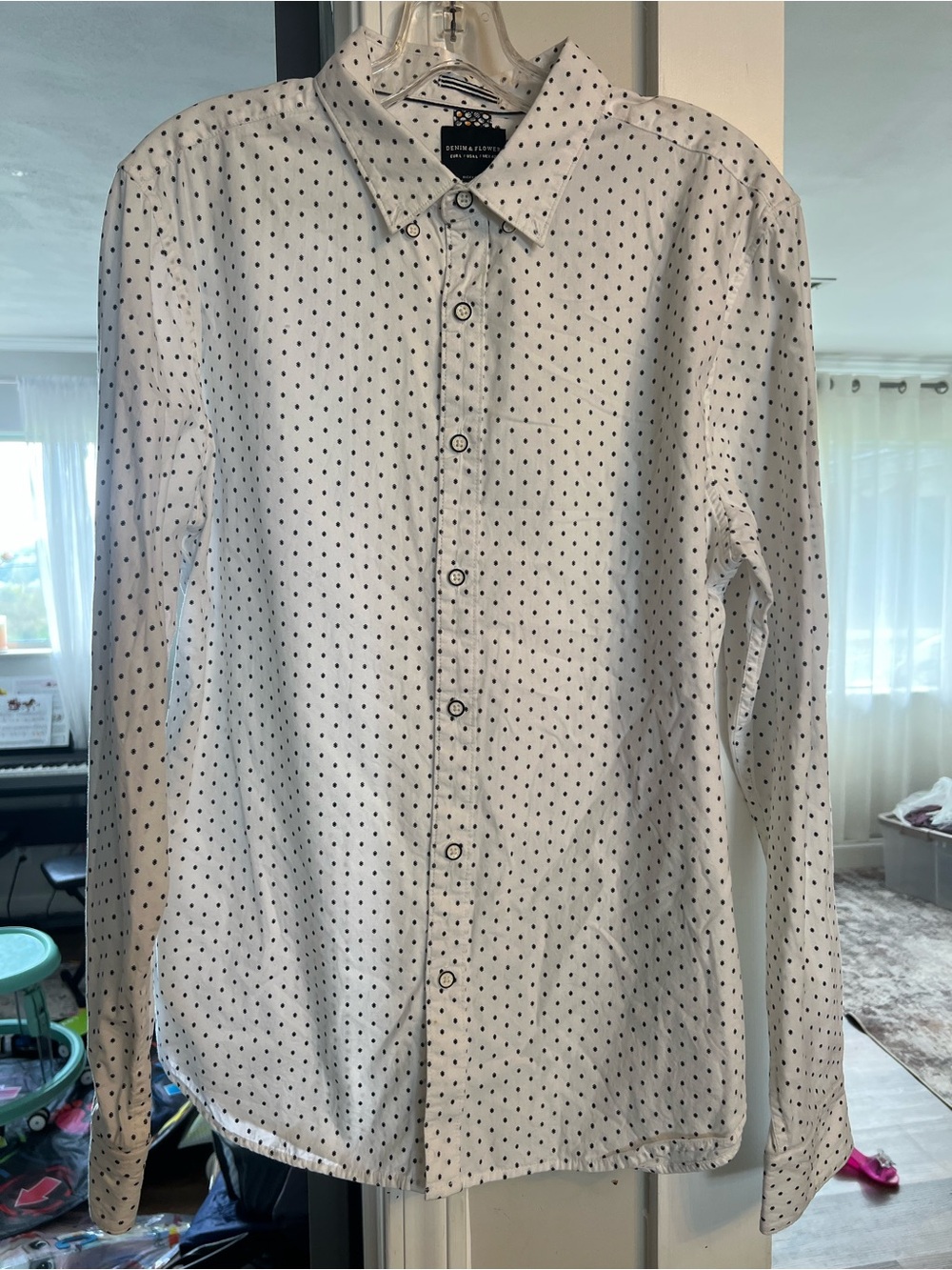 Denim & Flower White Men's Button-Down Shirt with Black Dot Print